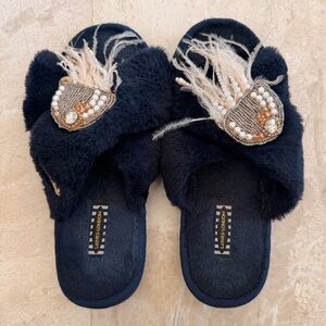 Laines London Slippers Womens 7 Navy Fuzzy Beaded Feather Embellished